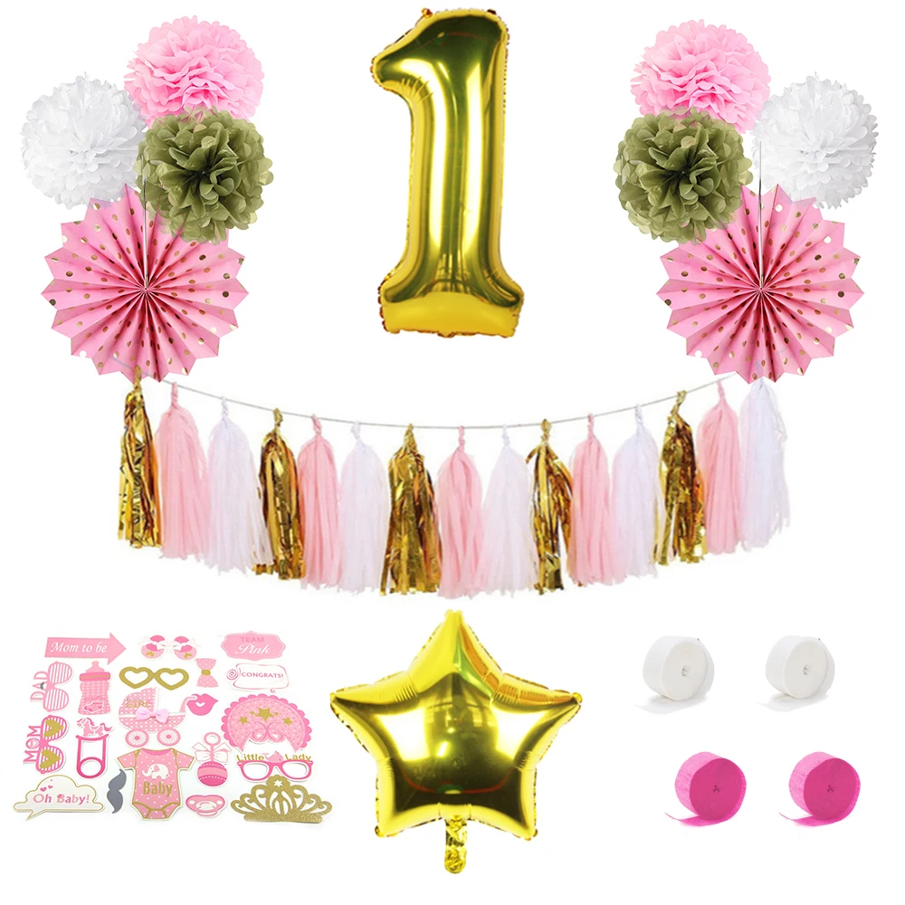 18pcs Pink 1st Birthday Party Decoration Set Baby ...