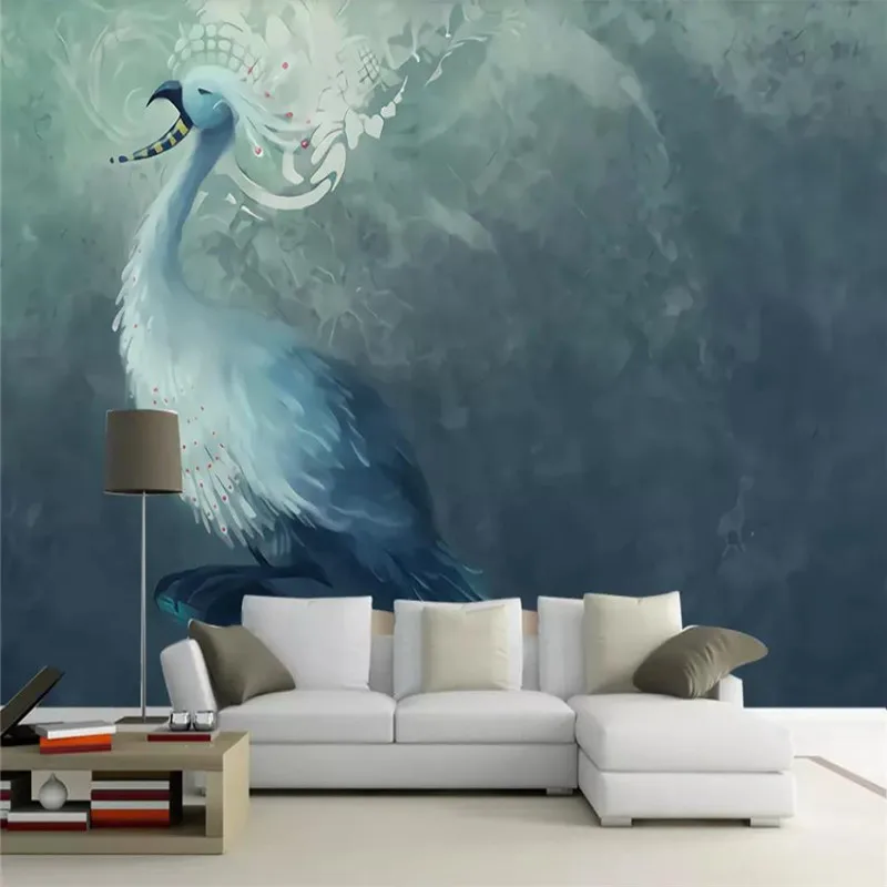 

Custom wallpaper European creative nostalgic abstract artistic concept blue peacock back background wall - waterproof material
