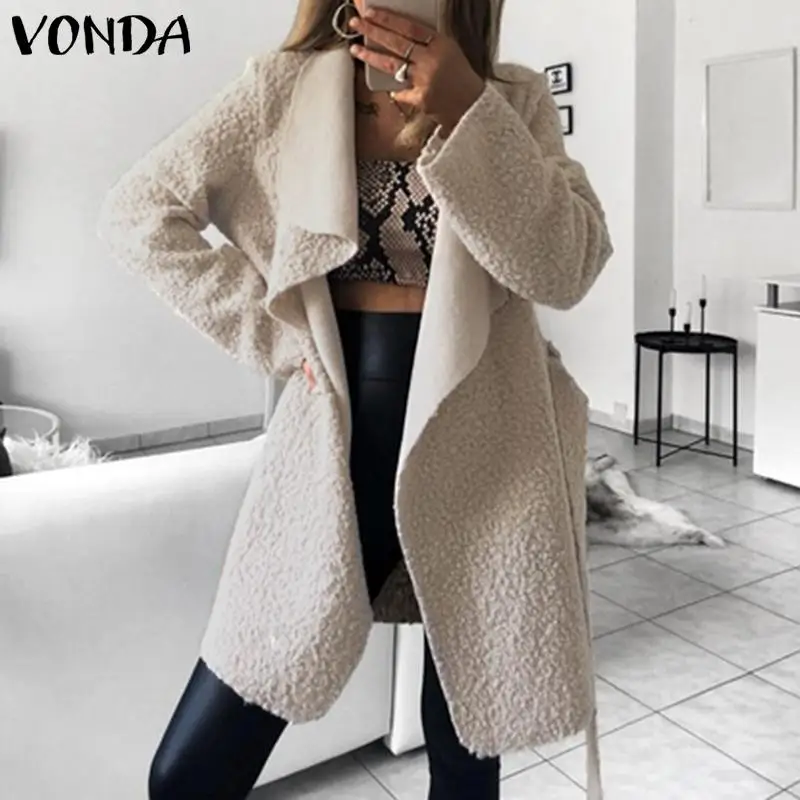 VONDA/женское пальто большого размера, сексуальные, с отворотом, шеи, пушистые жакеты с ремешком, осенние куртки, Офисная Женская верхняя одежда, уличная мода, вечеринки