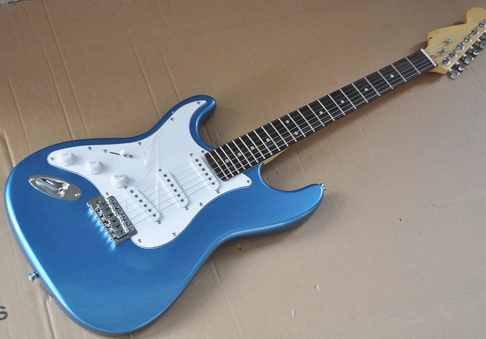 

Factory Custom Left Handed Metallic blue Electric Guitar with White Pickguard,Rosewood Fretboard,SSS Pickups,Can Change Color