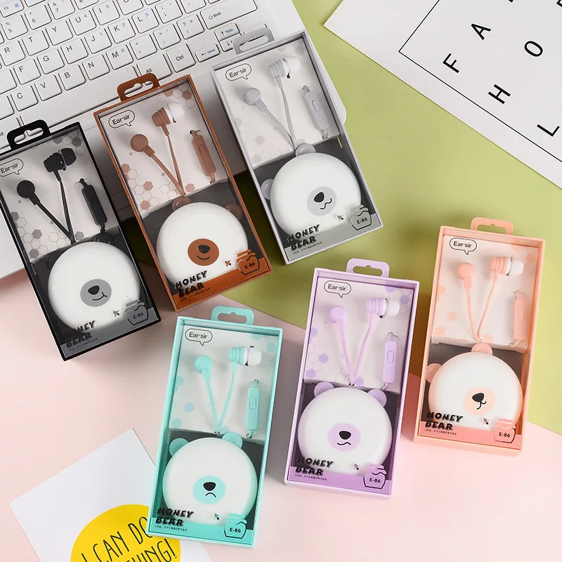 

Cute Lovely Little Animals Honey Bear 3.5mm In-Ear Stereo Earphones With Box Candy Color Earbud With Microphone Mic For Phones