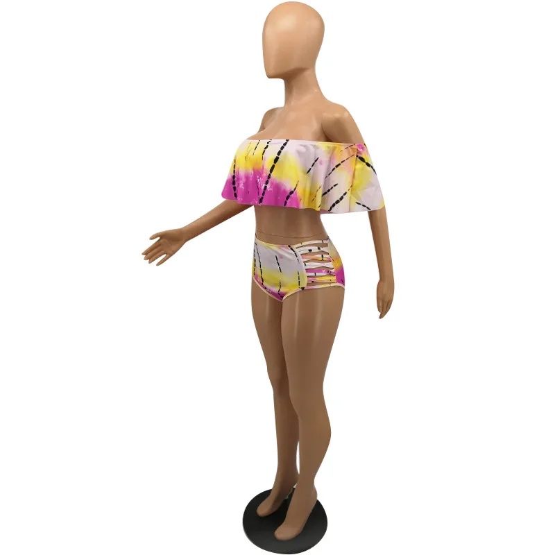 QILI женский костюм из двух предметов пляжный принт комбинезон эластичный вырез оборки боди Лето с открытыми плечами боди