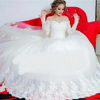 

Glamorous Long Sleeve Bridal Gown Appliqued Puffy Princess Floor Length Wedding Dresses Custom Made