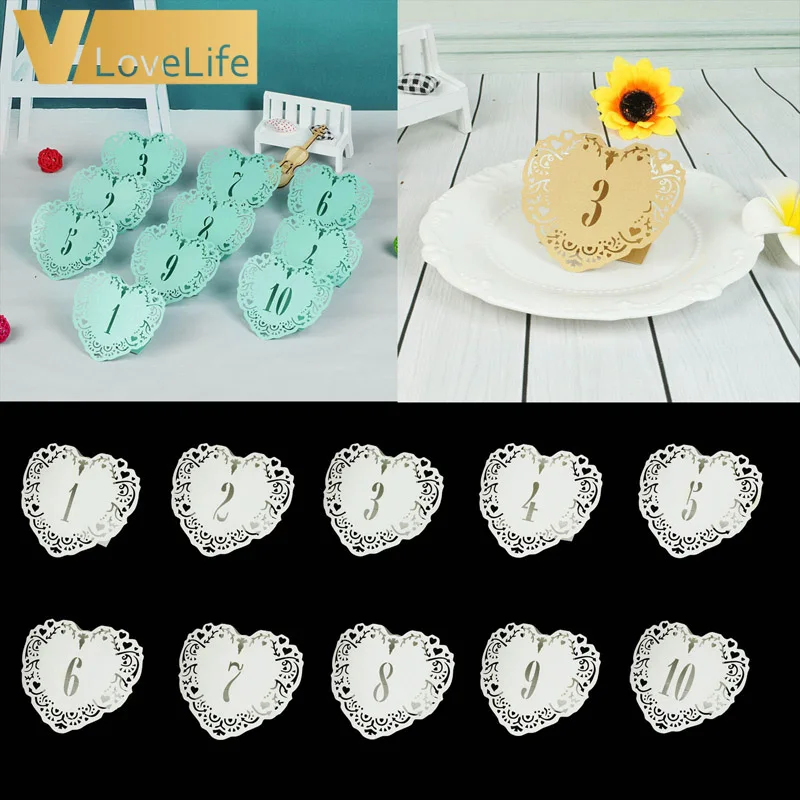 

10pcs Wedding Table Number Love Heart Table Cards 1-10 Hollow Laser Cut Card Numbers Vintage Wedding Decor Event Party Supplies