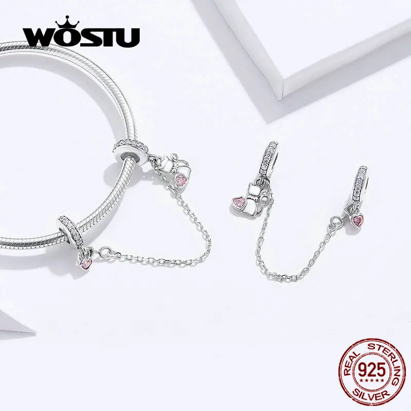 WOSTU S925 Розовый Прекрасный Kitty,, модные настоящие серебряные подвески бусины, подходят к оригинальному браслету, ювелирные изделия CQC1233