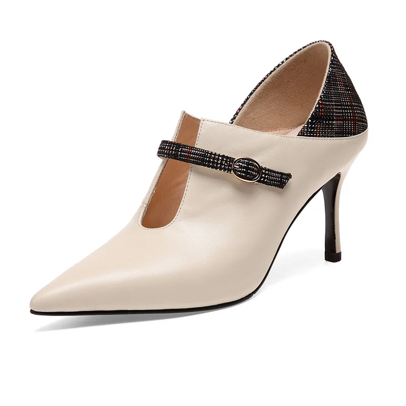 

Famous two Way of wearing full leather women's high heels Europe and the United States pointed color matching single shoes women