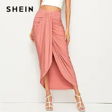 SHEIN Ladies Pink Draped High Waist Skirt Solid Asymmetrical Wrap Hem Summer Skirt Vacation Korean Style Women Long Skirt lace insert scalloped asymmetrical hem skirt