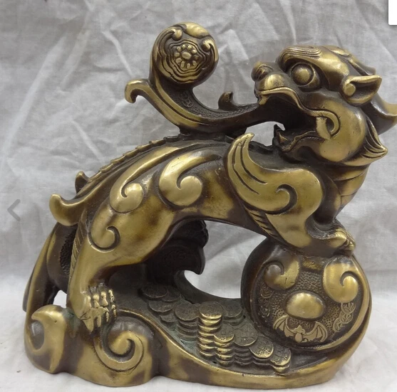 

zhu668827+++ 10" Chinese Bronze FengShui Wealth Coin Dragon Unicorn PiXiu On RuYi Set Statue