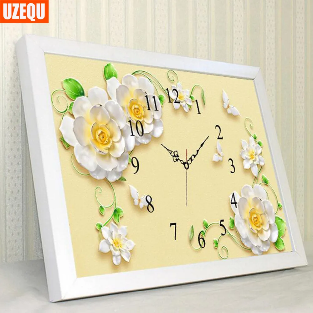 

UzeQu Full 5D Diamond Embroidery Flower Wall Clock DIY Diamond Painting Cross Stitch Watch 3D Diamond Mosaic Rhinestones Decor