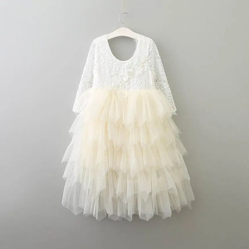 Платья принцессы для девочек; кружевное многослойное платье-макси из тюля с цветочным рисунком; детская одежда с длинными рукавами для свадебной вечеринки; E17104