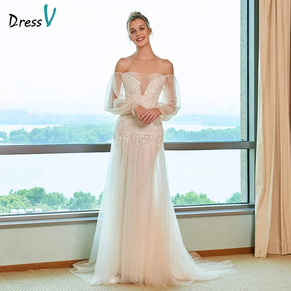 Dressv Элегантное свадебное платье футляр с открытыми плечами со шлейфом и длинными