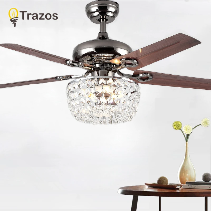 

Ceiling fan E14 Crystal Fan ceiling lighting Pearl Black Bedroom Retractable Fans Lamp 220v Rope switch ventilador de techo