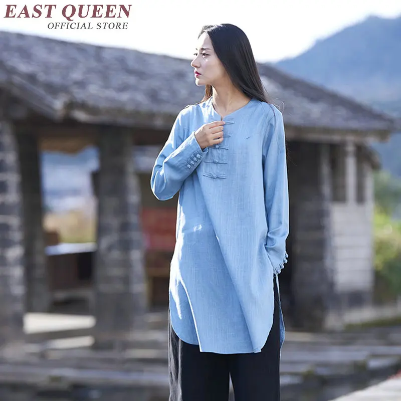 Традиционная китайская рубашка с длинным рукавом воротник-стойка Блузки Женская одежда в стиле Дзен белая хлопковая льняная блузка AA2835 YQ