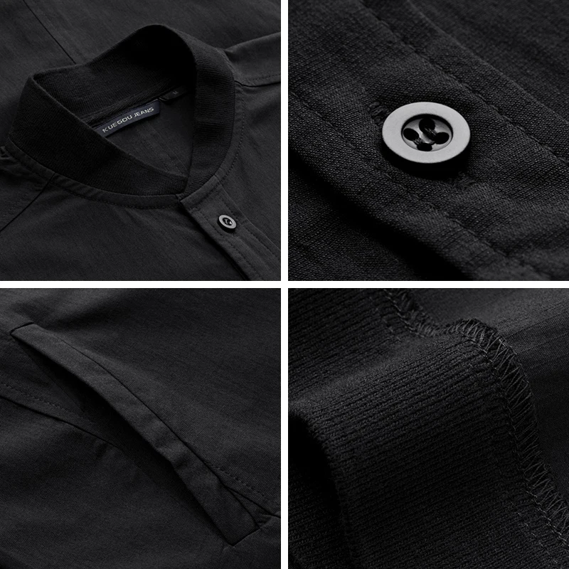 KUEGOU New Spring Mens Casual Shirts Solid Black Color With Pocket For Man's Long Sleeve Slim Fit Wear Male Brand Blouse 0791