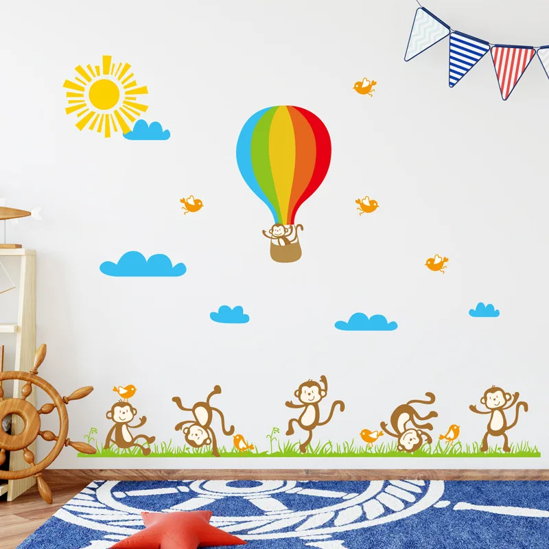 

Monkey hot air balloon Wall Stickers for kids Children's room background decoration nursery Mural Wallpaper Art Decals sticker