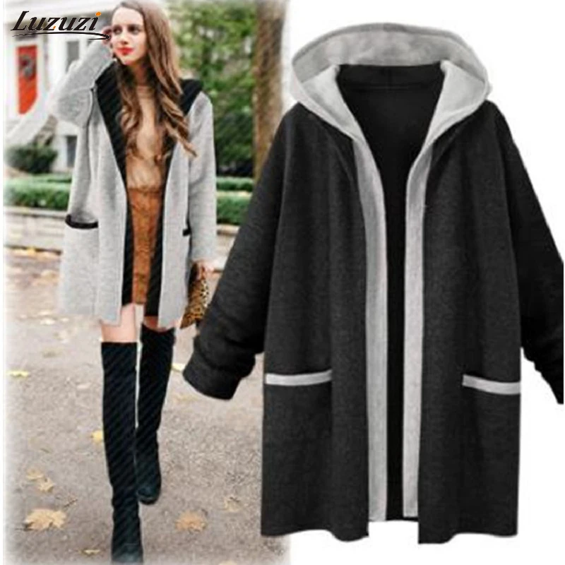 

Luzuzi Spring Autumn NewFashion Hooded Fake Two Loose Color Matching Cardigan In The Long Sweater Coat Female CR7029