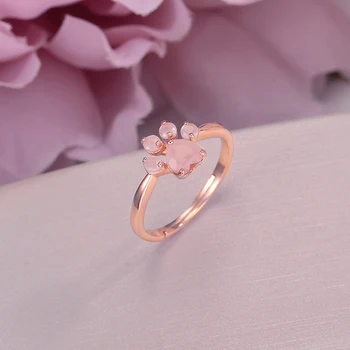 

100% Natural Rose Quartz Rings For Women Bear's Paw Foot 925 Silver Pink Gemstone Lovely Cute Ring Rose Gold Plated CCRI027