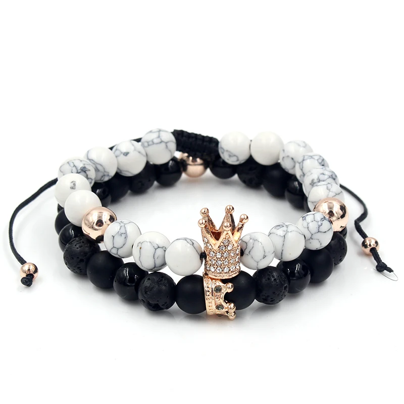 CZ Crown Charms Stone Beads Men Couple Bracelets Jewelry For Women 2Pcs/Set Bangles Sets Masculina Bileklik Pulseira Feminina bracelet jewelry