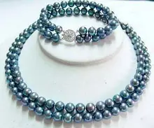 Beautiful 2 Rows Real Black Blue Pearl Flower Clasp Necklace17″ Bracelet8″