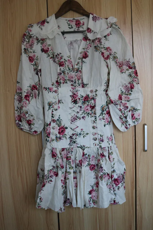 

100% Linen Women's Honour Corset Floral Print Summer Mini Dress Ruffle Lantern Sleeve Casual Waist clip Straps Dresses