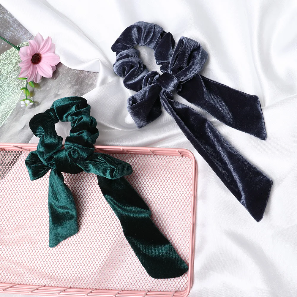 

New Women Elastic Hair Band Velvet Scrunchies Girls Long Tassel Hair Ties Solid Color Big Bow Hair Ropes Women Hair Accessories