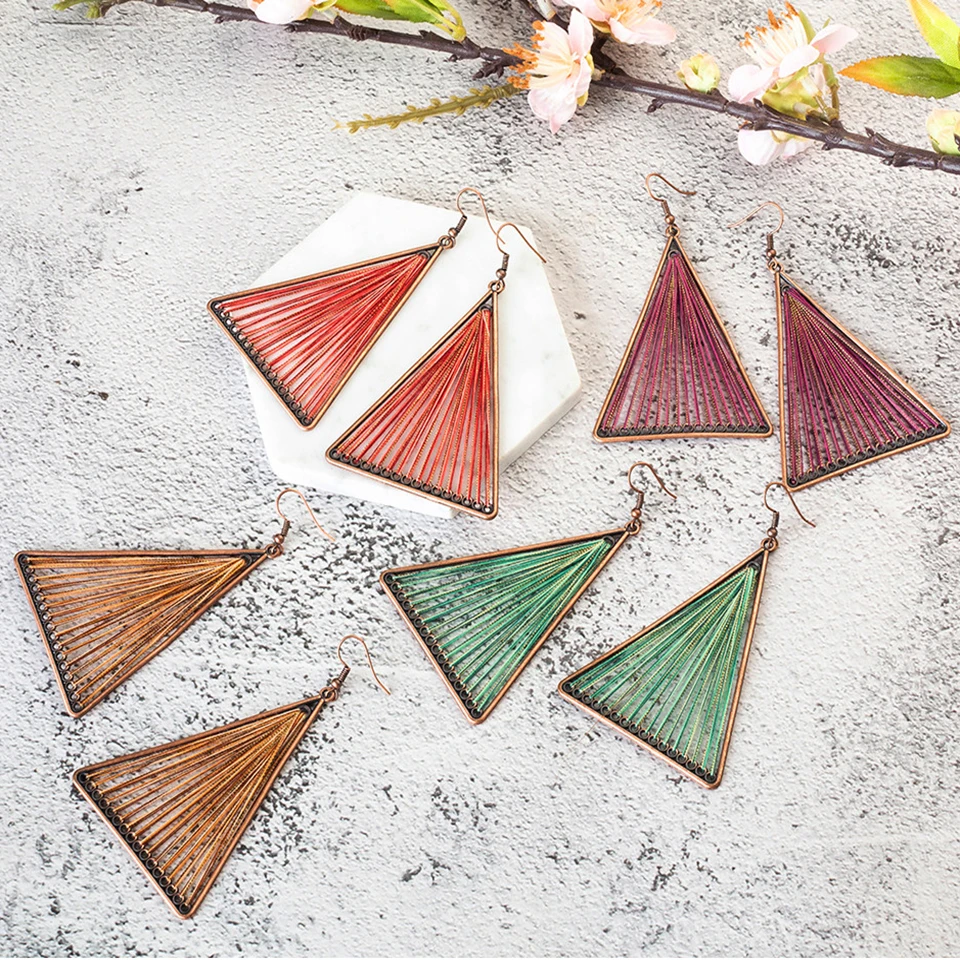 

2018 Fashion Jewelry Golden Plated Big Triangles Hanging Drop Earrings Red Cotton Tassel Earrings for Women Girl Elegant Earring
