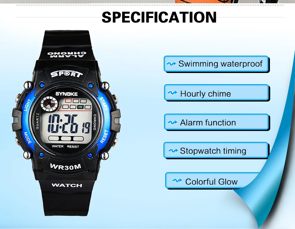 Synoke детские часы спортивные PU Группа Аналоговые-цифровые часы будильник Дата LED Водонепроницаемый наручные Часы Подсветка дети наручные