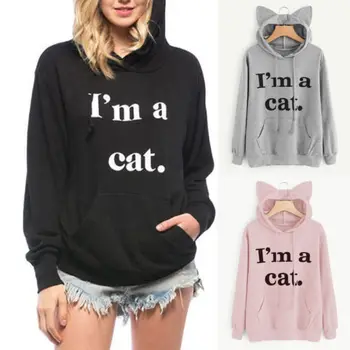 

Womens Pullover Autumn Long Sleeve Ear Hooded Hoodies Long Sleeve Warm Sweatshirt