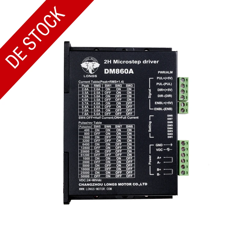 

Germany Stock&EU Free ship! 1PC Stepper motor driver digital controller DM860A peak 7.8A 256 micsteps 24VDC~80VDC LONGS MOTOR