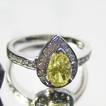 

S925 Pear Shape Halo Paved Semi Mount Sterling Silver Jewelry Ring 2CT Synthetic Pear Yellow NSCD Engagement Ring for Women