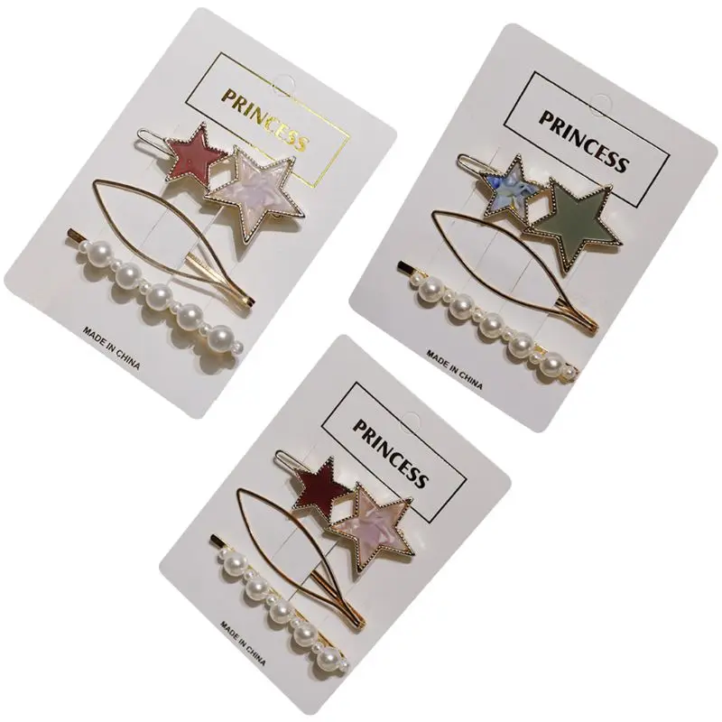 

3Pcs/Set Korean Womens Contrast Color Star Frog Bobby Pins Hollow Geometric Metallic Hairpins Imitation Pearl Beading Barrettes