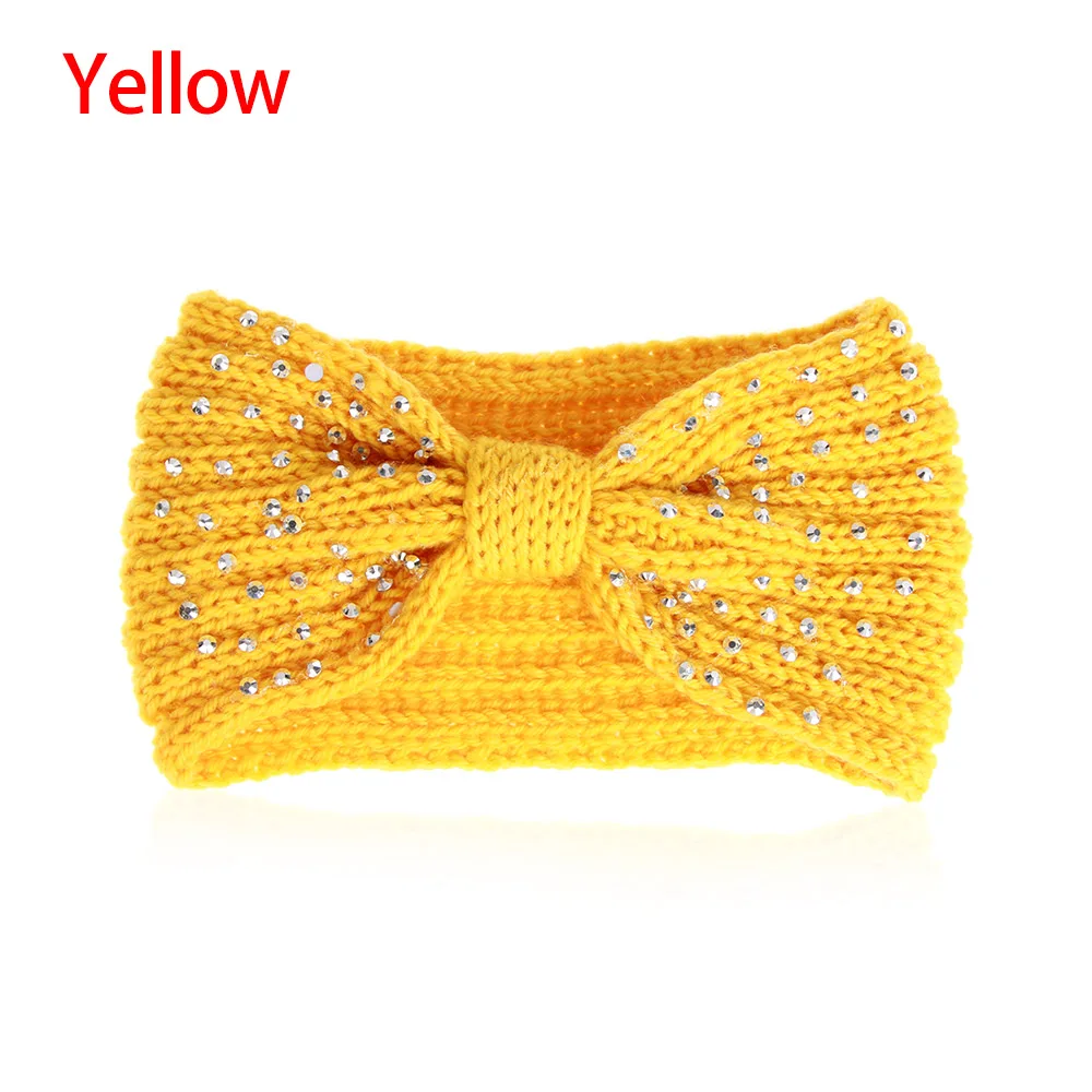 yellow 1 шт. зимние теплые уши крючком вязанная повязка бант Стразы головные уборы с бисером для женщин девочек Тюрбан повязка на голову обруч аксессуары для волос - Цвет: yellow