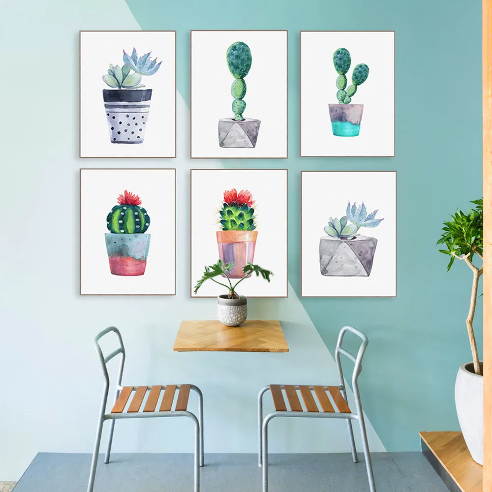 

Watercolor Green Plant Flowers Cactus Posters Succulent Nordic Style Garden Wall Art Pictures Living Room Decor Canvas N