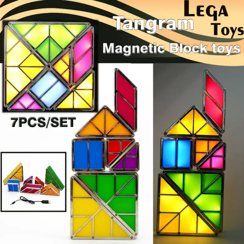 

NEW 7PCS Geometry Tangram Magnetic Blocks Jigsaw Baby Kid Creative DIY Tangram Brain Tetris Electronic Kit Illuminated Block