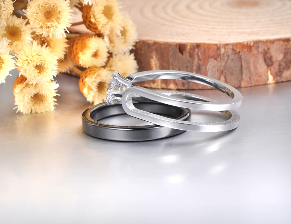 YiKLN 2 в 1 черный/белый керамический Кристалл Свадебные кольца ювелирные изделия для женщин AAA кубический цирконий нержавеющая сталь обручение YR18071