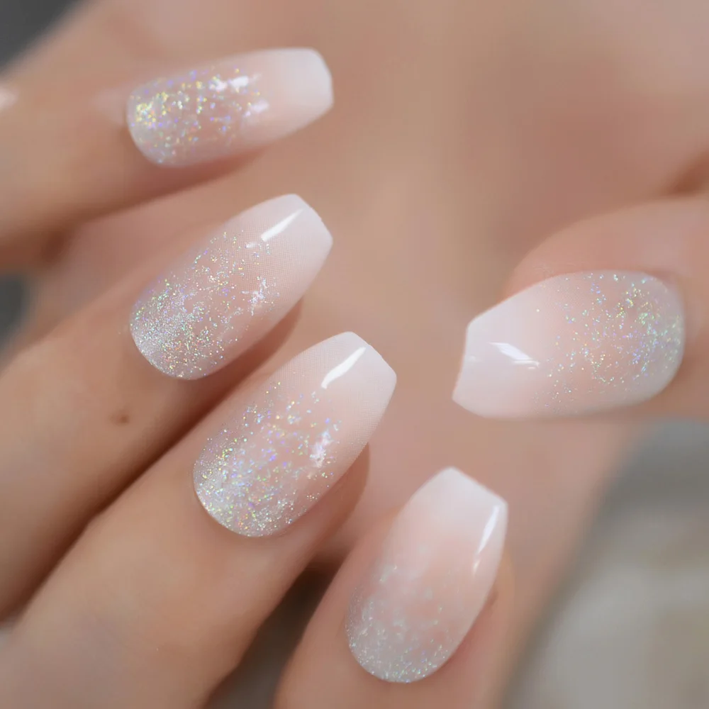 Holo Glitter Pink Nude French Ballerina Coffin False Nails Gradient Natural Press on Fake Nails Tips Daily Office Finger Wear