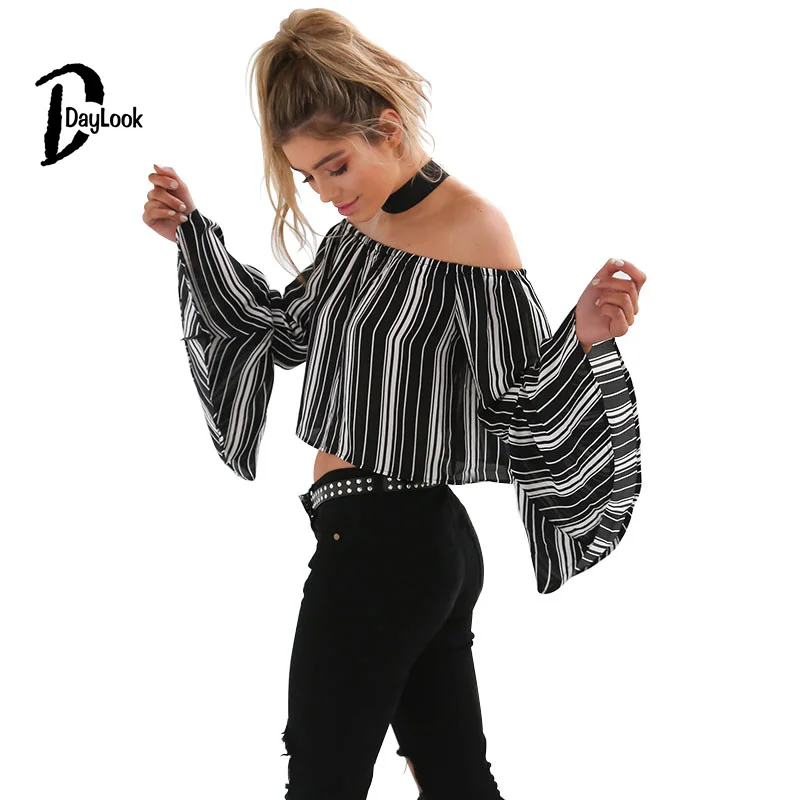 Daylook новые летние винтажные в полоску с открытыми плечами тела Блузка Короткие