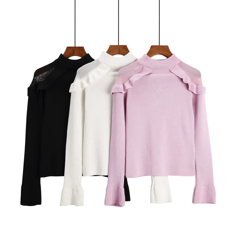 

2019 spring autumn ruffles knit t-shirt Women long sleeve Shirt O-neck Glitter mesh t-shirt sexy shiny top flare sleeve PZ1168