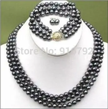 

Wholesale Elegant 3 ROWS Black 8-9 mm Akoya pearl necklace bracelet earring set (C0322)