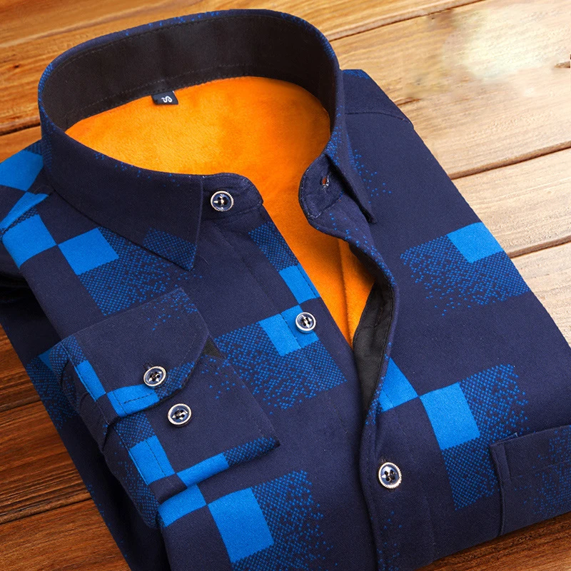 الخريف الشتاء سميكة الفانيلا الدافئة منقوشة قمصان الرجال قمصان طويلة الأكمام عارضة سليم صالح Camisa الاجتماعية زائد حجم 5XL قميص