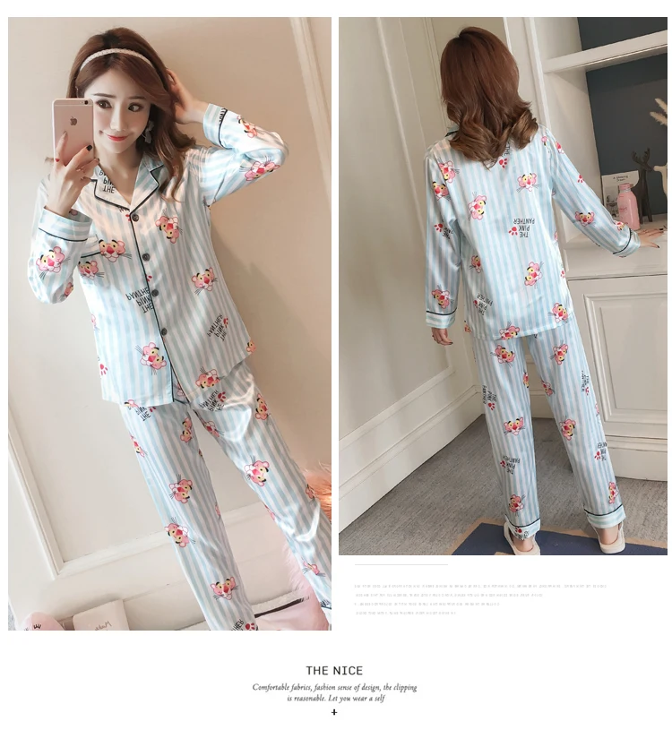 2018 Осень Высокое качество шелковый атлас Pajama наборы для Для женщин с длинными рукавами Домашняя одежда Пижама женский Lounge Пижама домашняя