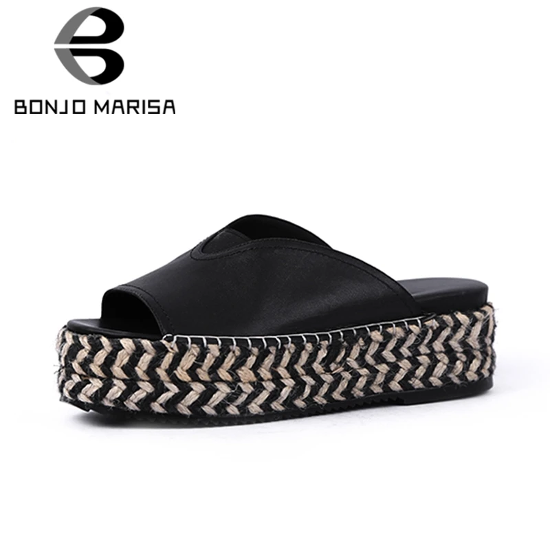 

BONJOMARISA 2020 Brand New Consice Flat Platform Slippers women's Summer Cow Leather Peep Toe Slippers Women Casual Shoes Woman