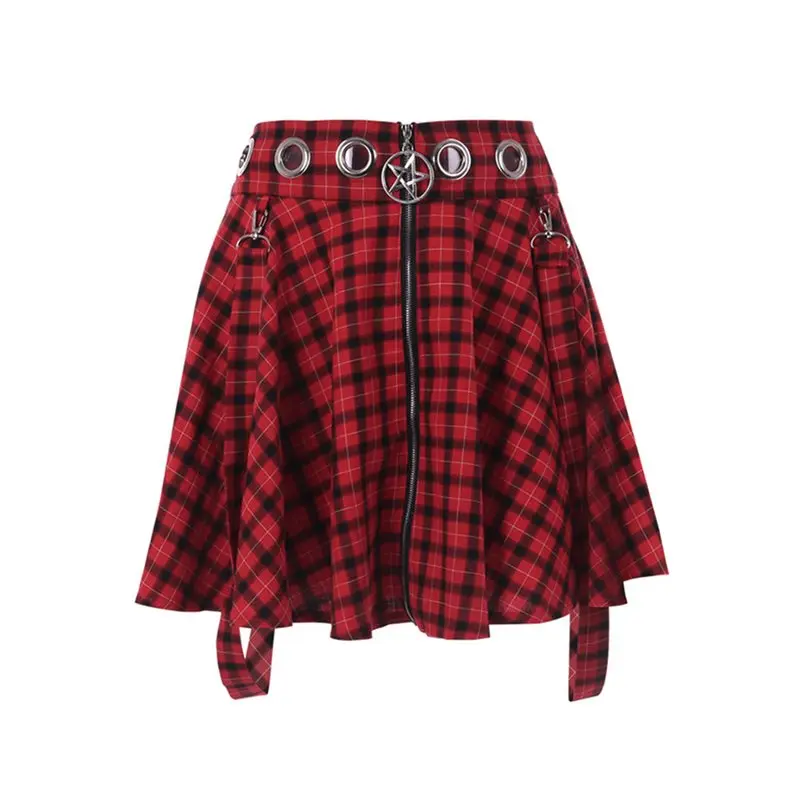 Harajuku сарафан в клетку юбка мини Для женщин Готический уличная панк полый молния модные красные Девушка Лето линия школьные юбки 2019