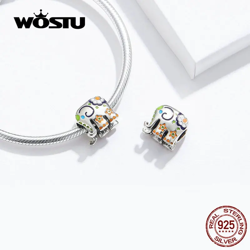 WOSTU 925 Sterling Silver Colorful Happy Elephant Beads Enamel Charms Fit Original Bracelet Pendant Fashion Jewelry Gift FNC095