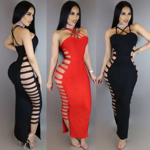 

Womens Ladies Boho Holiday Long Maxi Dress Solid Off Shoulder Sleeveless Evening Party Beach Bodycon Hollow Out Dresses Sundress