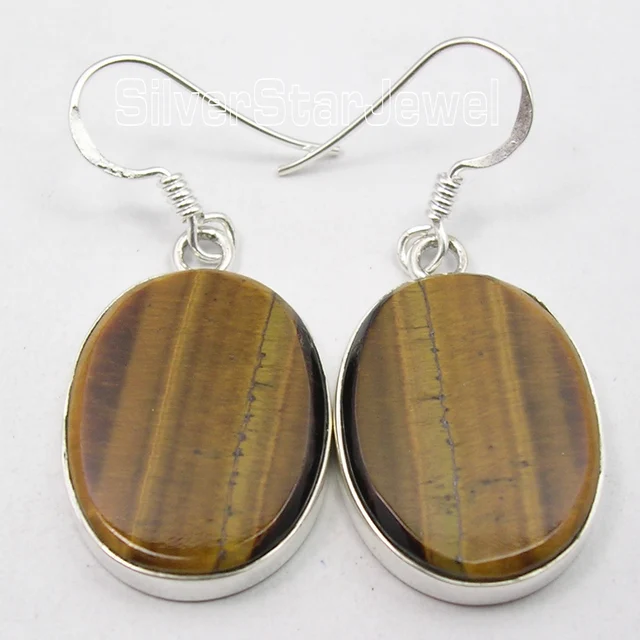 Chanti International Pure Silver Brown Tiger S Eye Flat Oval Stones Chanti International Pure Silver Brown Tiger S Eye Flat Oval Stones Inexpensive Earrings 4 Cm New