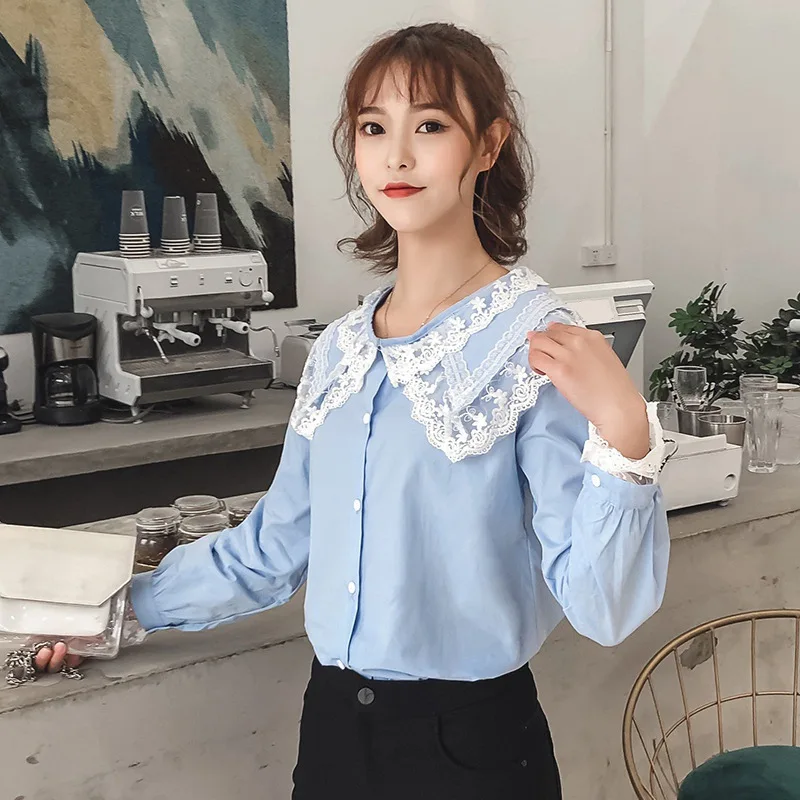 Peterpan Воротник белая рубашка с длинным рукавом рубашки корейский оборками женская уличная обтягивающая шифоновая блузка Femme