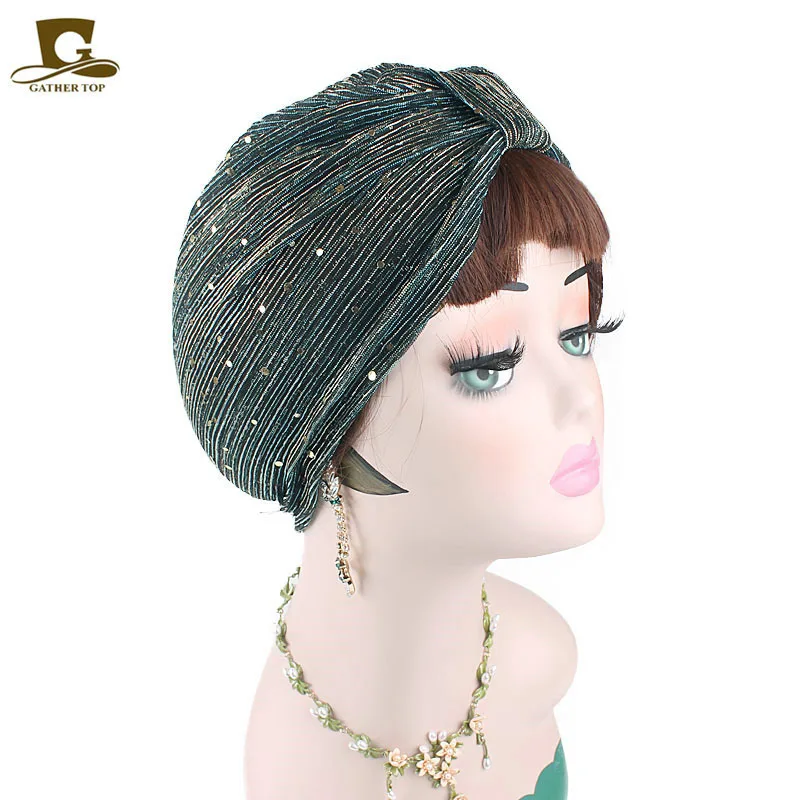 Новая весенняя блестящая золотая расшитая блестками сетка с оборками тюрбан головные уборы для женщин мусульманская шляпа головные уборы Тюрбан Хиджаб Аксессуары для волос