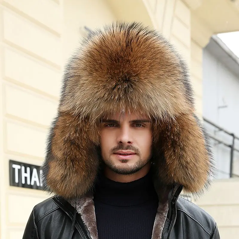 Новое поступление, Зимняя мужская шапка-бомбер с натуральным мехом енота серебристого цвета, теплая шапка с защитой ушей