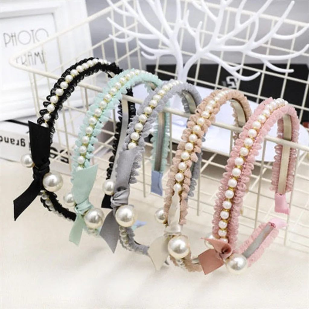 

Womens Lace Bow Pearl Tie Beading Headband Hairband Bow Knot Cross Tie Headwrap2019 Spring Autumn New plus Fashion Simplicity